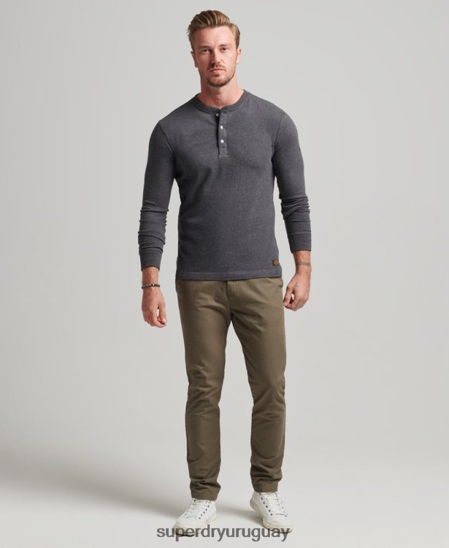 uy Superdry hombres camiseta henley de manga larga de algodón orgánico gris oscuro DT2N8Z6376 ropa