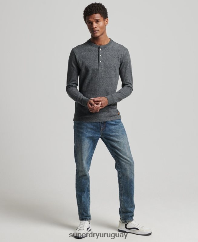 uy Superdry hombres camiseta henley de manga larga de algodón orgánico gris oscuro DT2N8Z6458 ropa