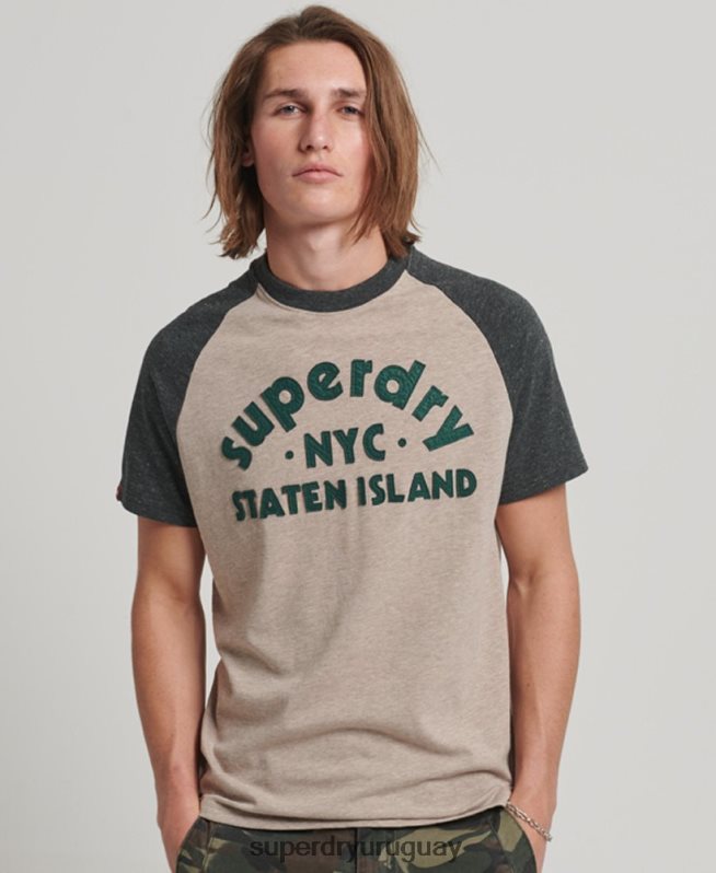 uy Superdry hombres camiseta raglán vintage con apliques de gran aire libre beige DT2N8Z5 ropa