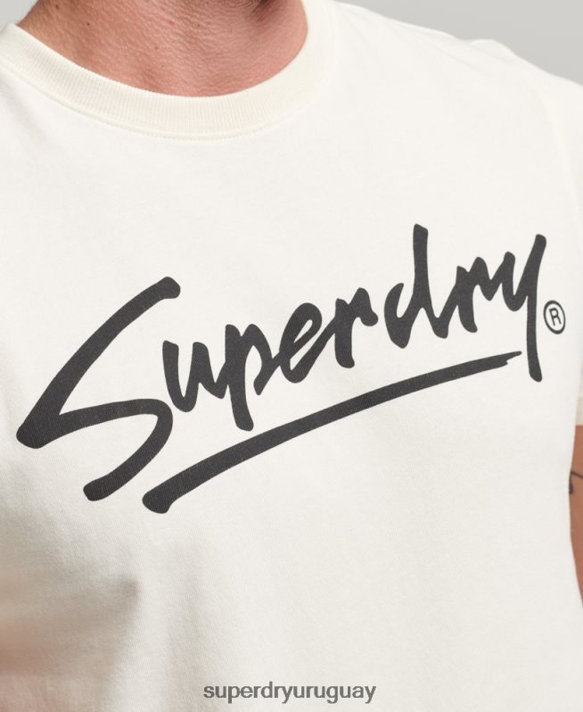 uy Superdry hombres playera con logo de guión del centro de los 80 crema DT2N8Z4897 ropa