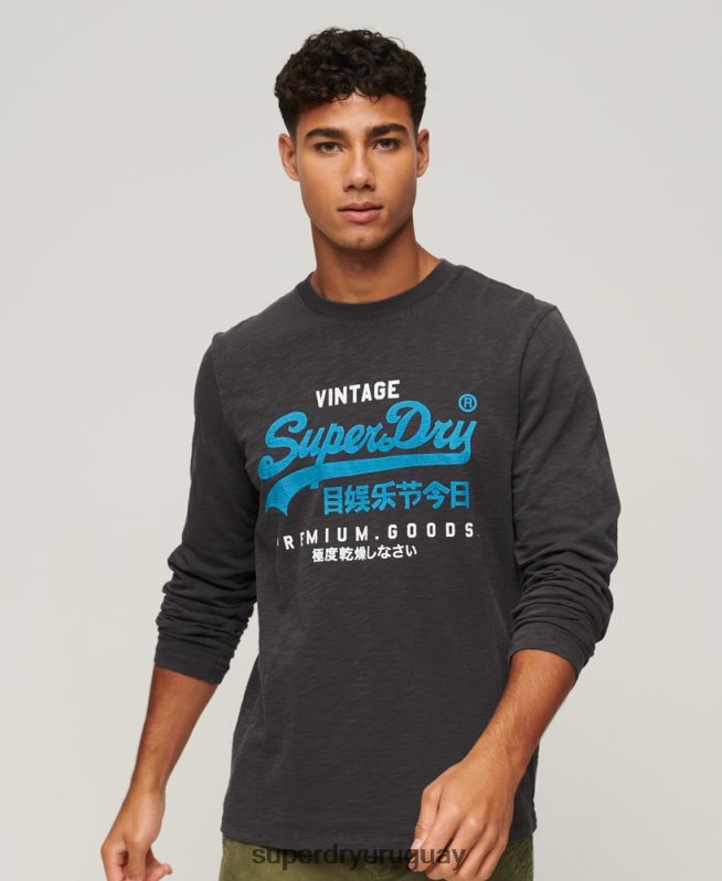 uy Superdry hombres playera de manga larga teñida con logo vintage negro DT2N8Z1469 ropa
