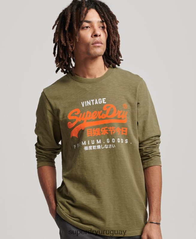 uy Superdry hombres playera de manga larga teñida con logo vintage verde DT2N8Z1485 ropa