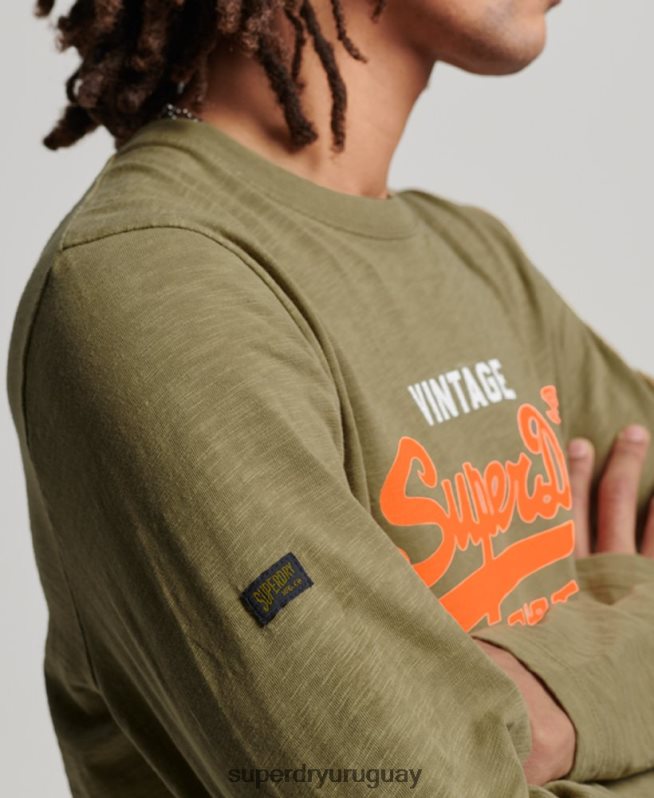uy Superdry hombres playera de manga larga teñida con logo vintage verde DT2N8Z1485 ropa
