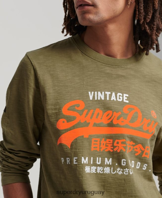 uy Superdry hombres playera de manga larga teñida con logo vintage verde DT2N8Z1485 ropa