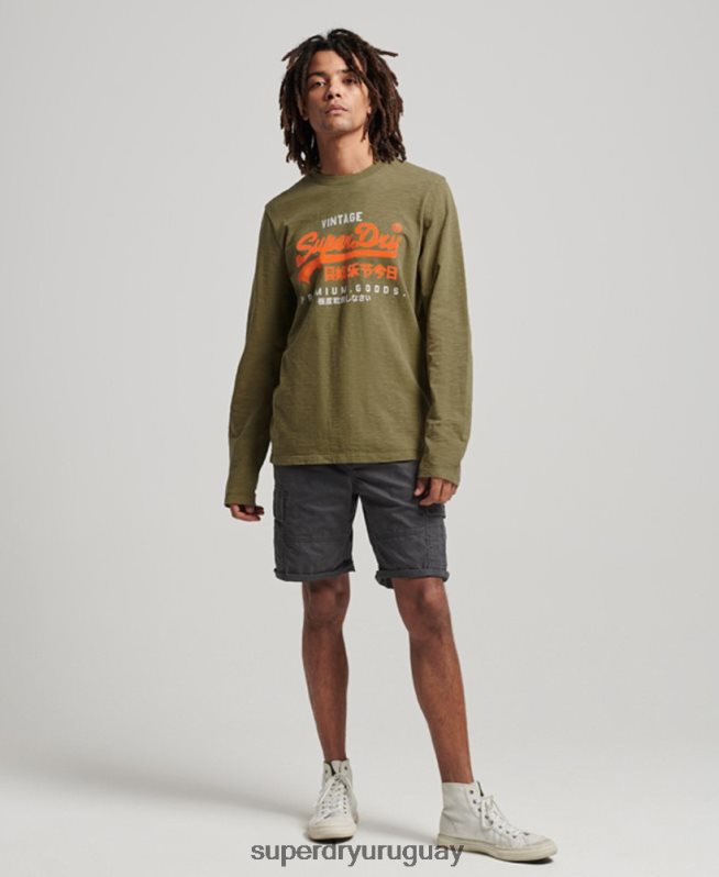 uy Superdry hombres playera de manga larga teñida con logo vintage verde DT2N8Z1485 ropa