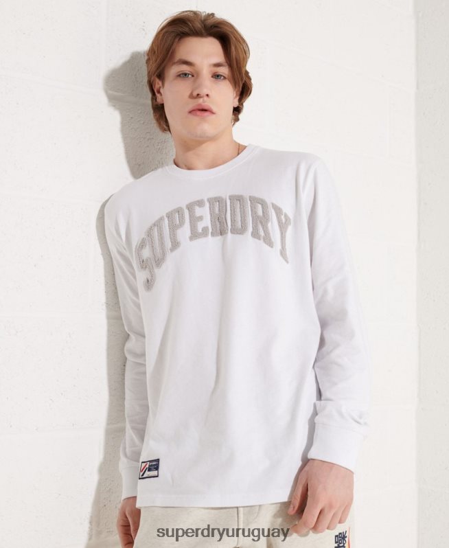uy Superdry hombres top de manga larga con arco universitario blanco DT2N8Z1581 ropa