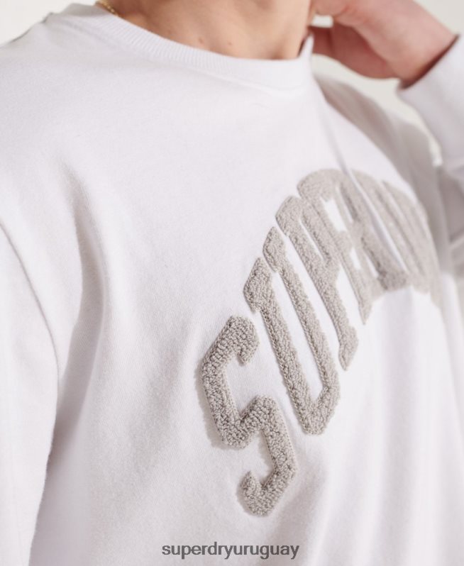 uy Superdry hombres top de manga larga con arco universitario blanco DT2N8Z1581 ropa
