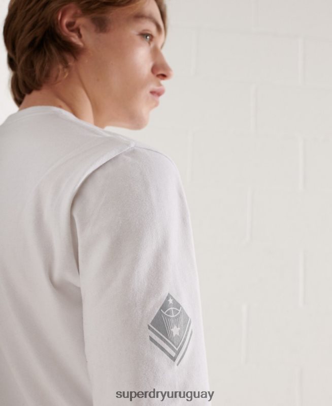 uy Superdry hombres top de manga larga con arco universitario blanco DT2N8Z1581 ropa