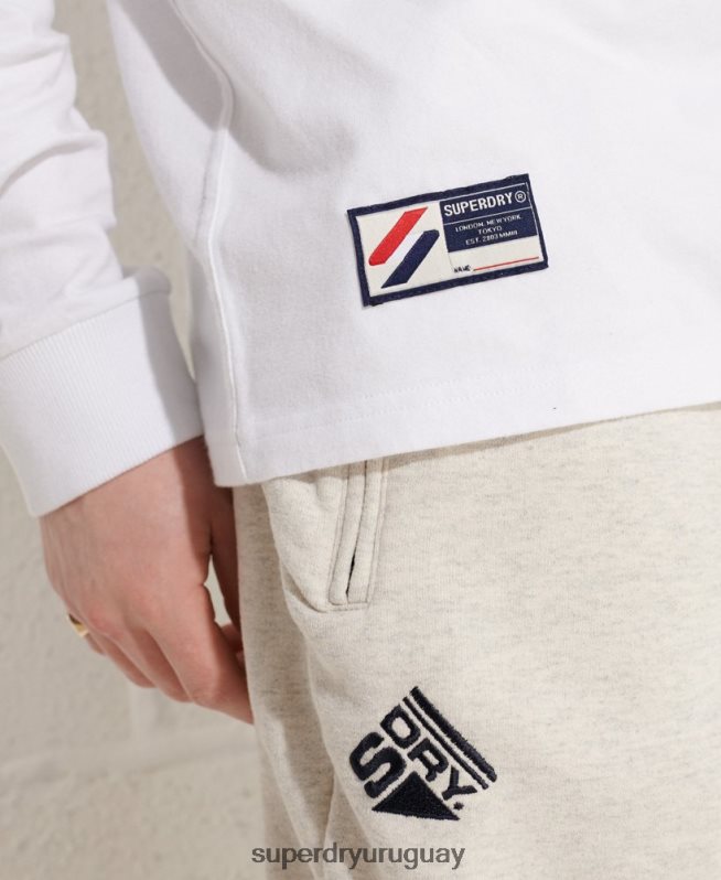 uy Superdry hombres top de manga larga con arco universitario blanco DT2N8Z1581 ropa