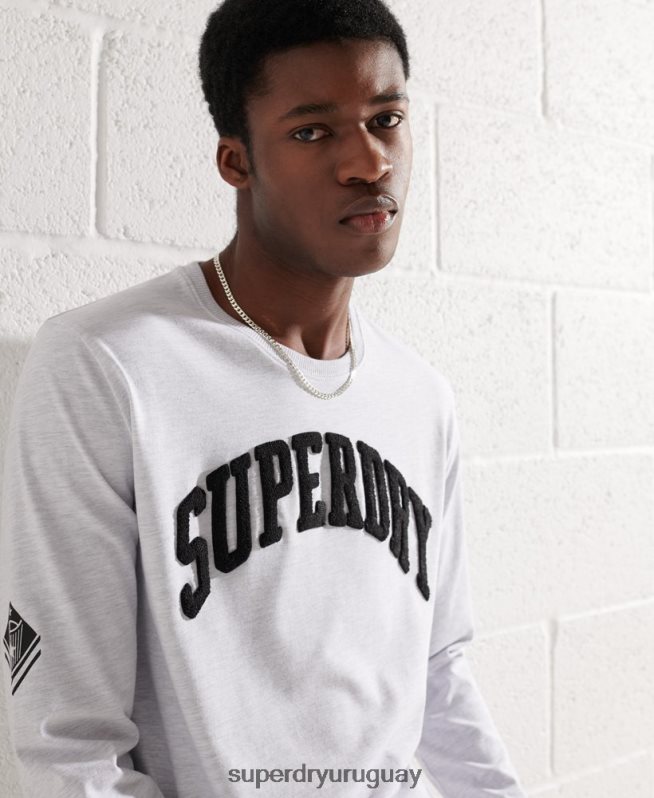 uy Superdry hombres top de manga larga con arco universitario gris claro DT2N8Z1551 ropa