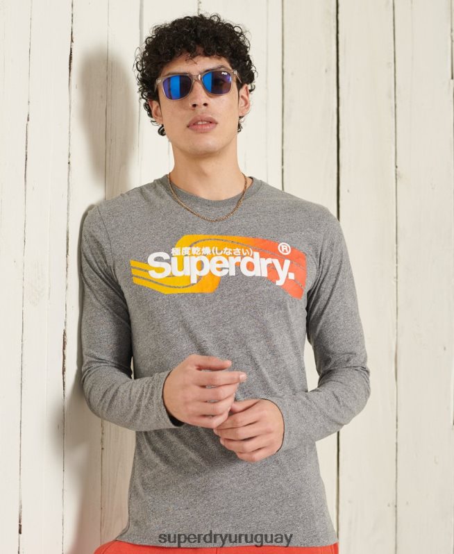 uy Superdry hombres top de manga larga con logo central cali gris DT2N8Z6462 ropa