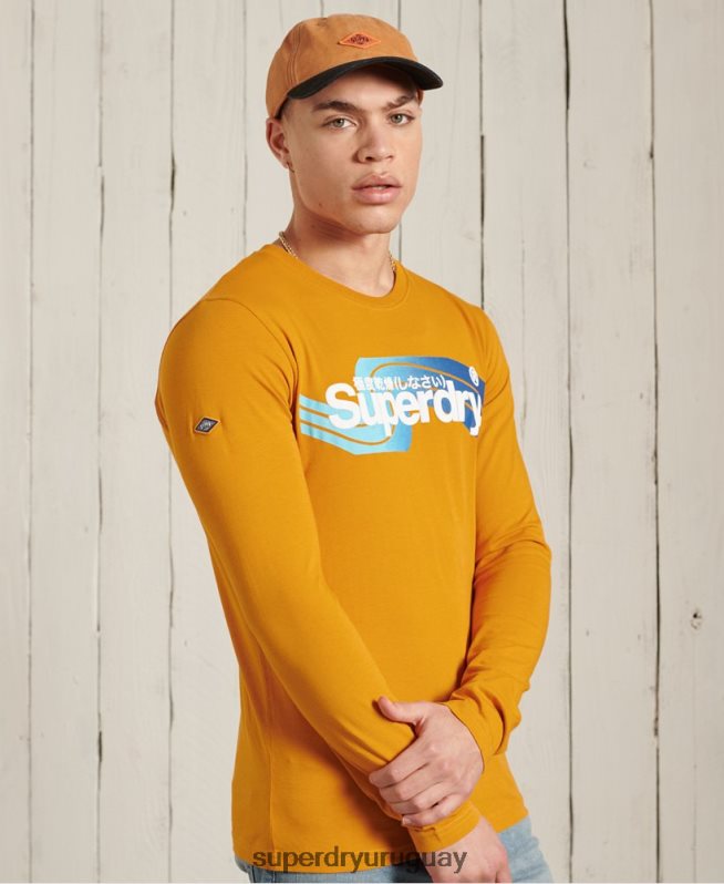 uy Superdry hombres top de manga larga con logo central cali oro DT2N8Z6444 ropa