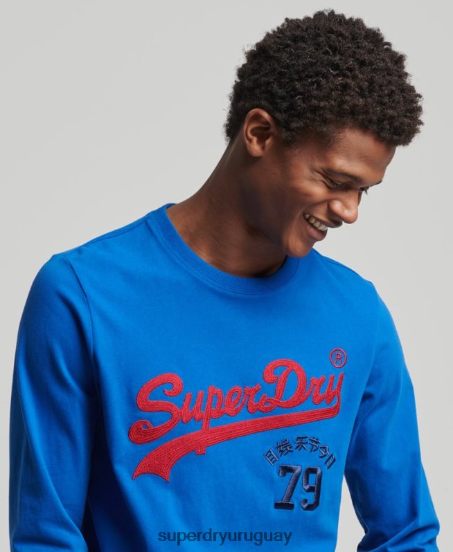 uy Superdry hombres top de manga larga con logo vintage azul DT2N8Z1565 ropa