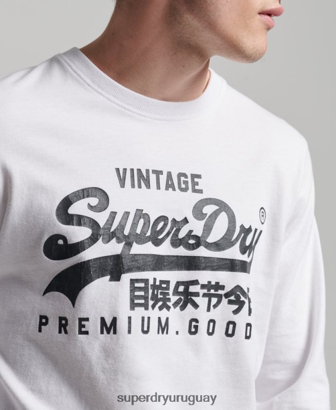 uy Superdry hombres top de manga larga con logo vintage blanco DT2N8Z1590 ropa