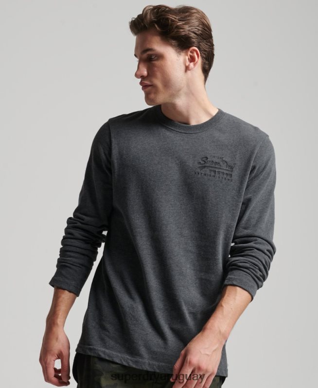 uy Superdry hombres top de manga larga con logo vintage gris DT2N8Z1564 ropa