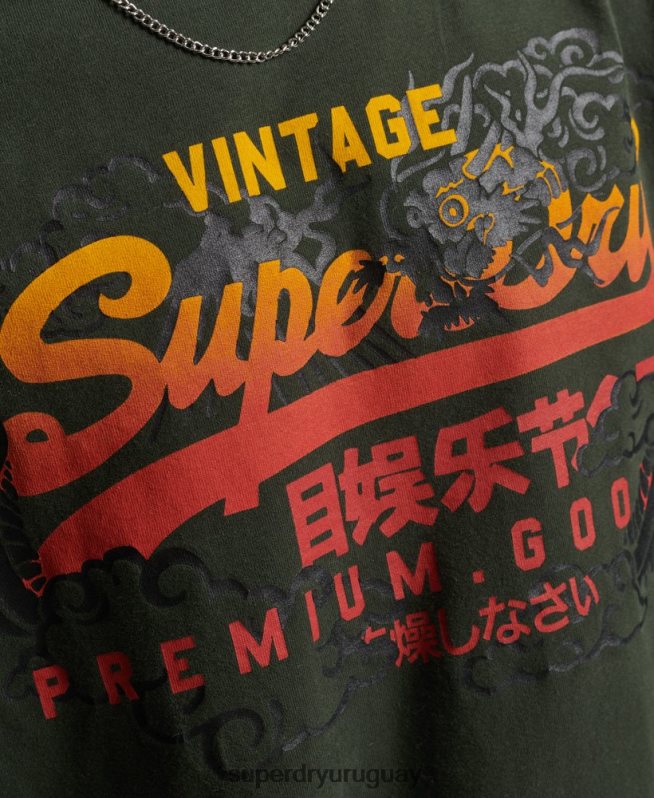 uy Superdry hombres top de manga larga con logo vintage verde DT2N8Z1563 ropa
