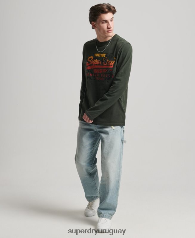 uy Superdry hombres top de manga larga con logo vintage verde DT2N8Z1563 ropa