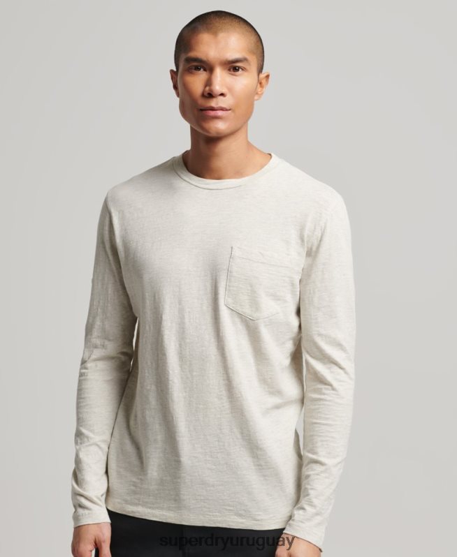 uy Superdry hombres top de manga larga de punto flameado blanco DT2N8Z1516 ropa
