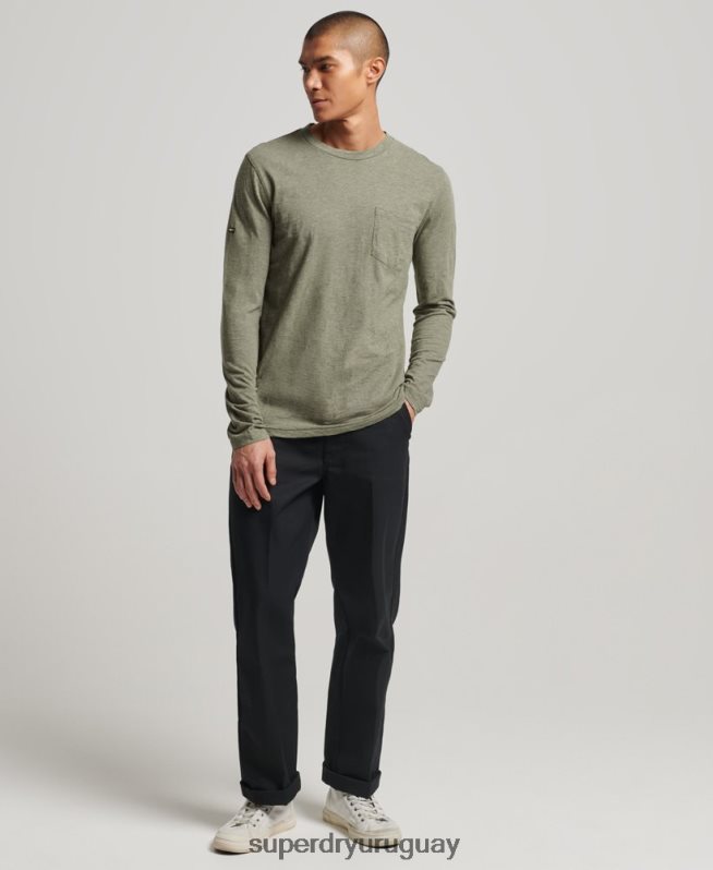 uy Superdry hombres top de manga larga de punto flameado caqui DT2N8Z1541 ropa