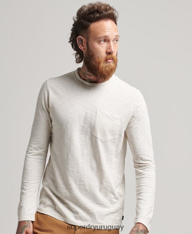 uy Superdry hombres top de manga larga de punto flameado crema DT2N8Z6396 ropa