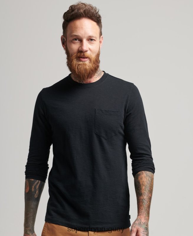 uy Superdry hombres top de manga larga de punto flameado negro DT2N8Z1489 ropa