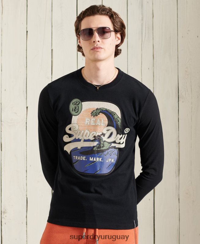 uy Superdry hombres top de manga larga itago con logo vintage negro DT2N8Z1573 ropa