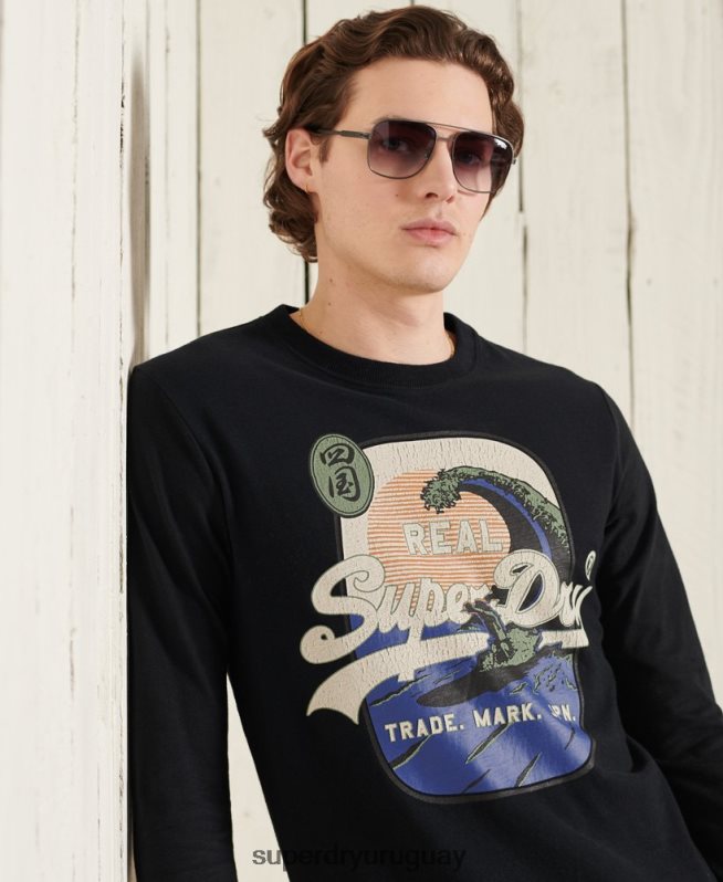 uy Superdry hombres top de manga larga itago con logo vintage negro DT2N8Z1573 ropa