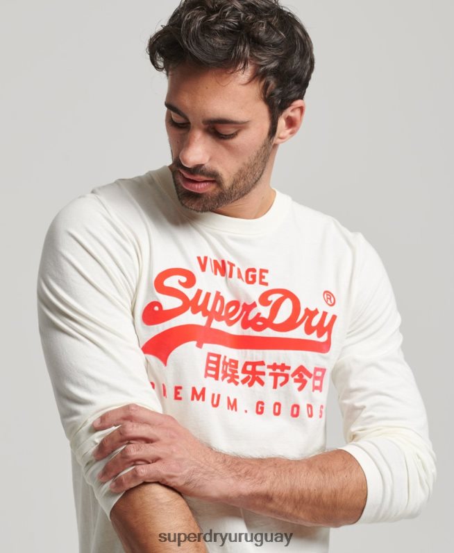 uy Superdry hombres top de manga larga neón con logo vintage crema DT2N8Z1495 ropa
