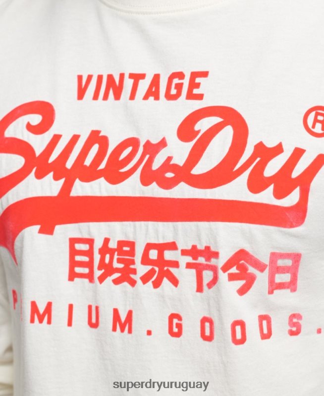 uy Superdry hombres top de manga larga neón con logo vintage crema DT2N8Z1495 ropa