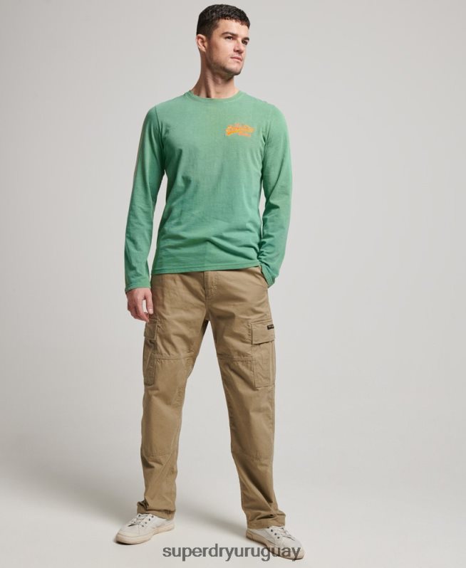 uy Superdry hombres top de manga larga neón con logo vintage verde DT2N8Z1507 ropa