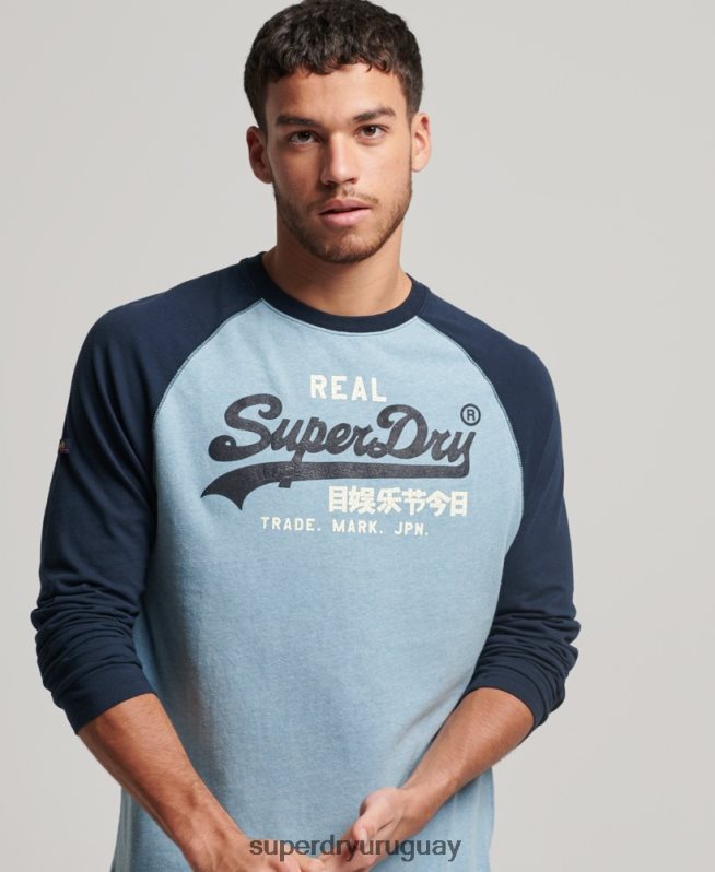 uy Superdry hombres top de manga larga raglán con logo vintage de algodón orgánico azul DT2N8Z1467 ropa