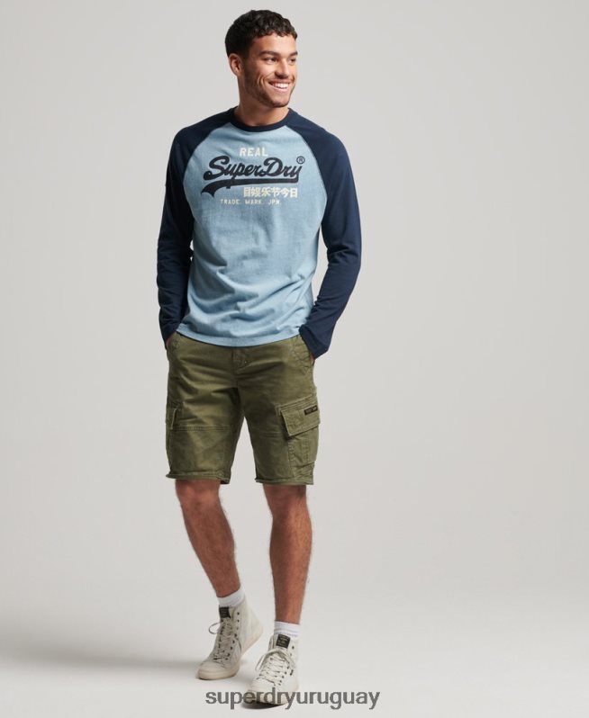 uy Superdry hombres top de manga larga raglán con logo vintage de algodón orgánico azul DT2N8Z1467 ropa