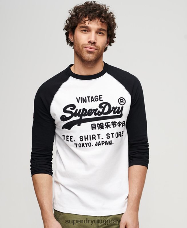 uy Superdry hombres top de manga larga raglán con logo vintage store blanco DT2N8Z42 ropa