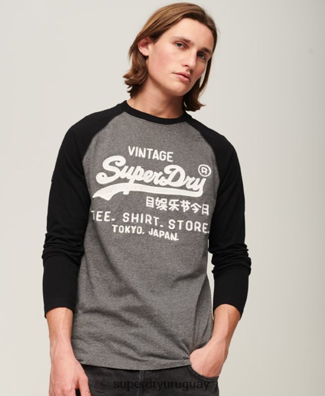 uy Superdry hombres top de manga larga raglán con logo vintage store gris oscuro DT2N8Z86 ropa