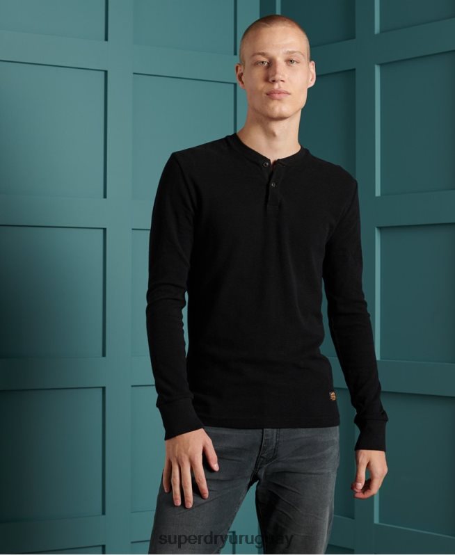 uy Superdry hombres top henley micro textura negro DT2N8Z1588 ropa