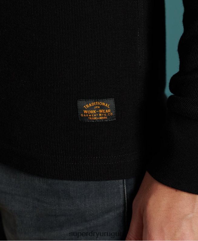 uy Superdry hombres top henley micro textura negro DT2N8Z1588 ropa