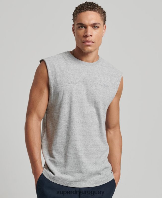 uy Superdry hombres camiseta sin mangas de algodón orgánico con logo vintage bordado gris DT2N8Z1447 ropa