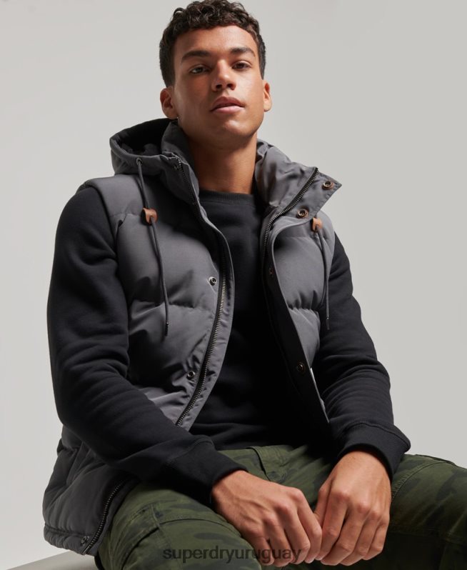 uy Superdry hombres chaleco acolchado everest con capucha gris oscuro DT2N8Z963 ropa