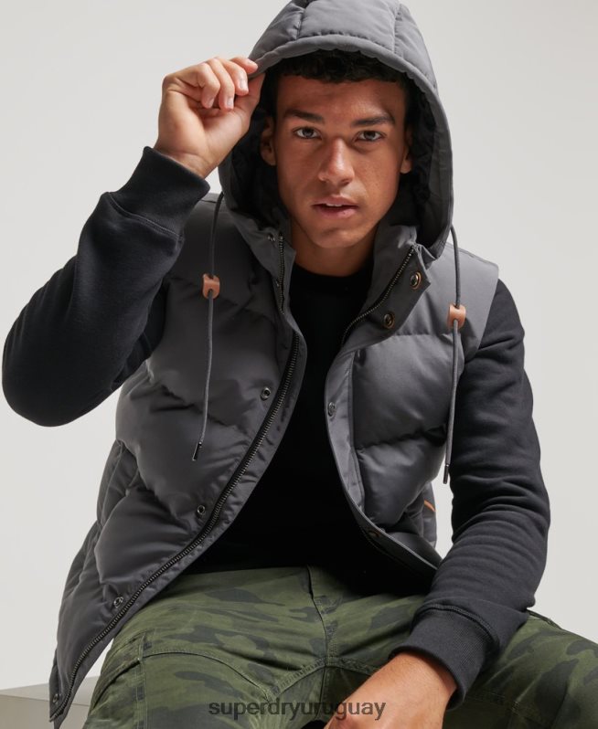 uy Superdry hombres chaleco acolchado everest con capucha gris oscuro DT2N8Z963 ropa