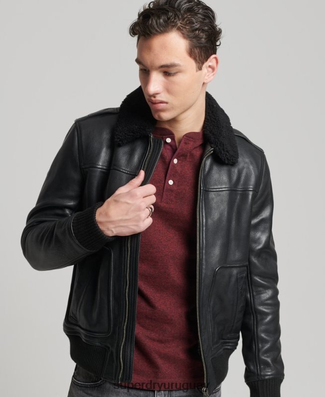 uy Superdry hombres chamarra bomber de aviador de cuero negro DT2N8Z4782 ropa