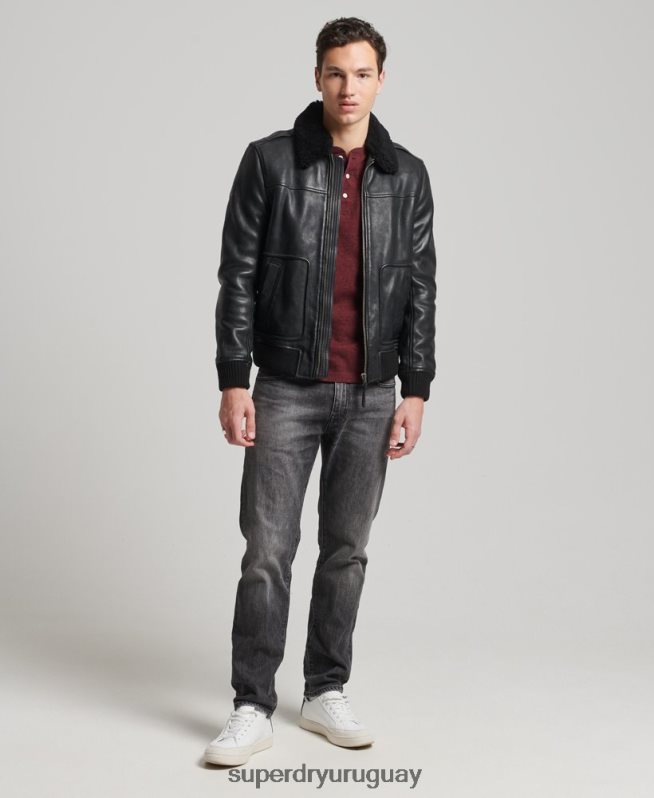 uy Superdry hombres chamarra bomber de aviador de cuero negro DT2N8Z4782 ropa