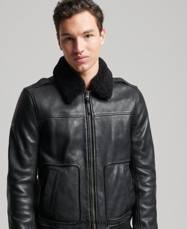 uy Superdry hombres chamarra bomber de aviador de cuero negro DT2N8Z4782 ropa
