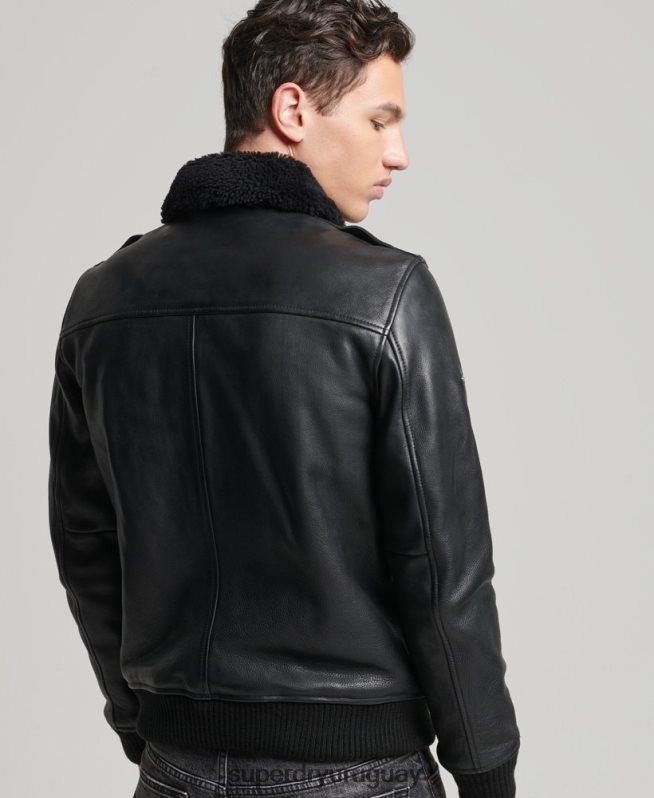 uy Superdry hombres chamarra bomber de aviador de cuero negro DT2N8Z4782 ropa