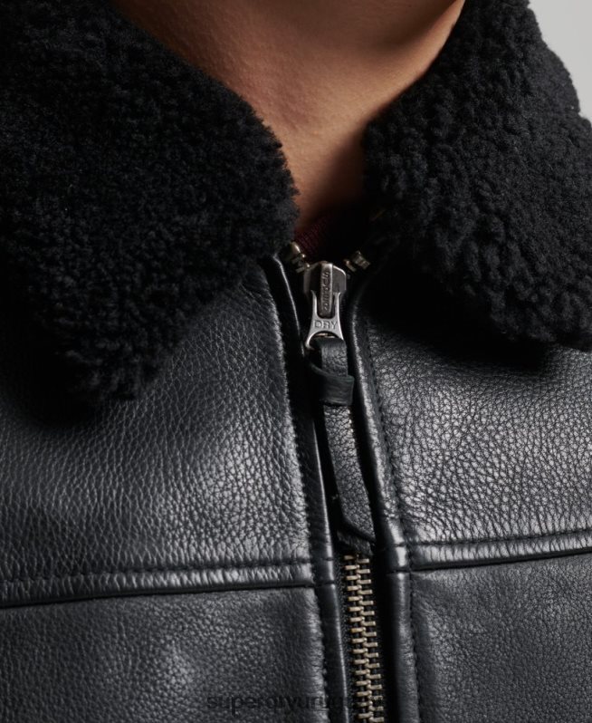 uy Superdry hombres chamarra bomber de aviador de cuero negro DT2N8Z4782 ropa