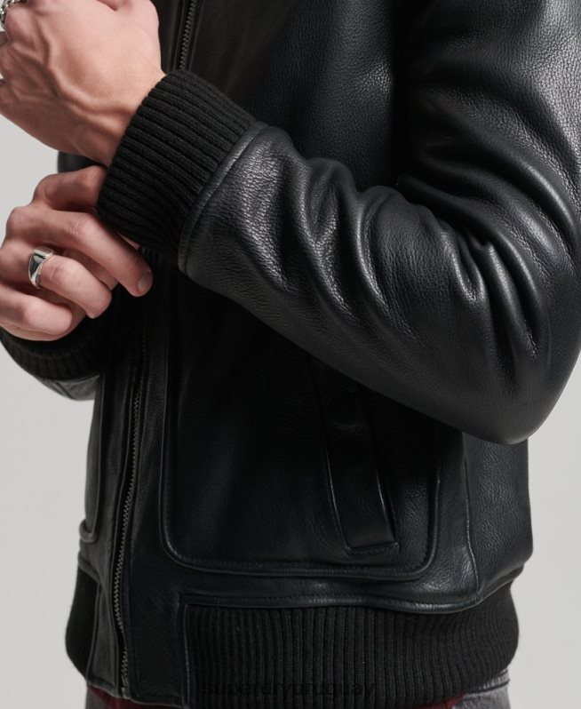 uy Superdry hombres chamarra bomber de aviador de cuero negro DT2N8Z4782 ropa