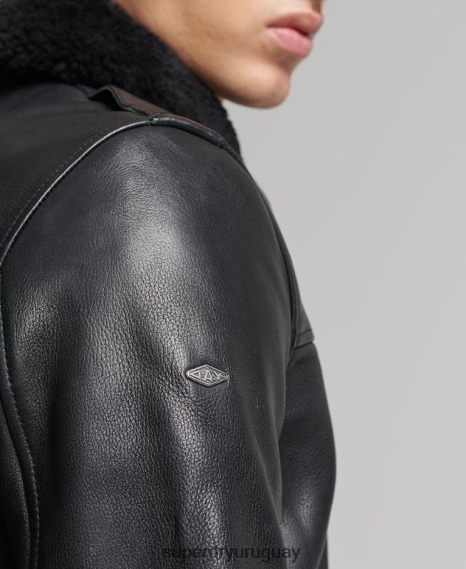 uy Superdry hombres chamarra bomber de aviador de cuero negro DT2N8Z4782 ropa