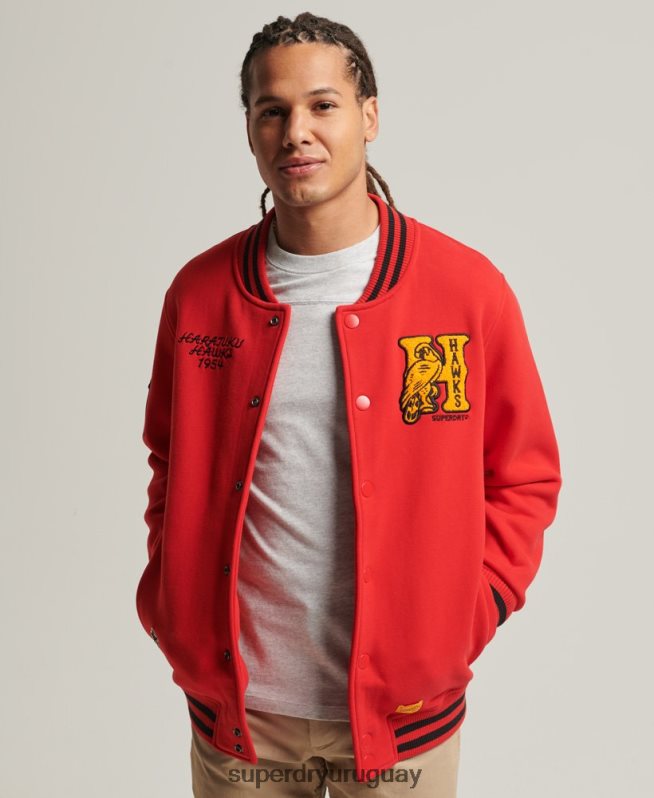 uy Superdry hombres chamarra bomber de jersey universitario rojo DT2N8Z5217 ropa