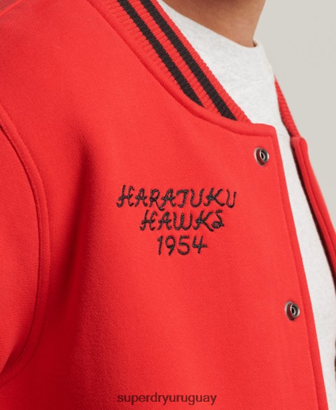 uy Superdry hombres chamarra bomber de jersey universitario rojo DT2N8Z5217 ropa