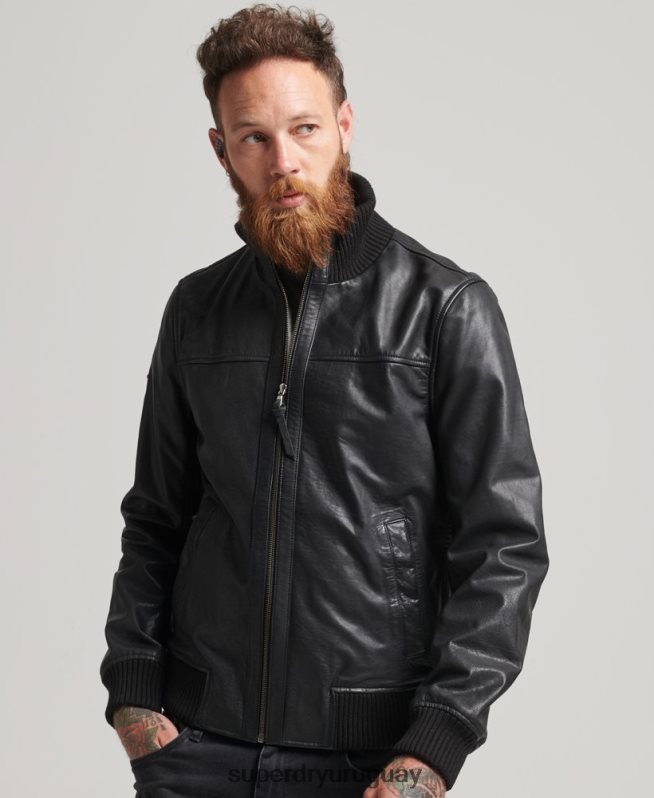 uy Superdry hombres chamarra bomber de piel con cuello de punto negro DT2N8Z1108 ropa