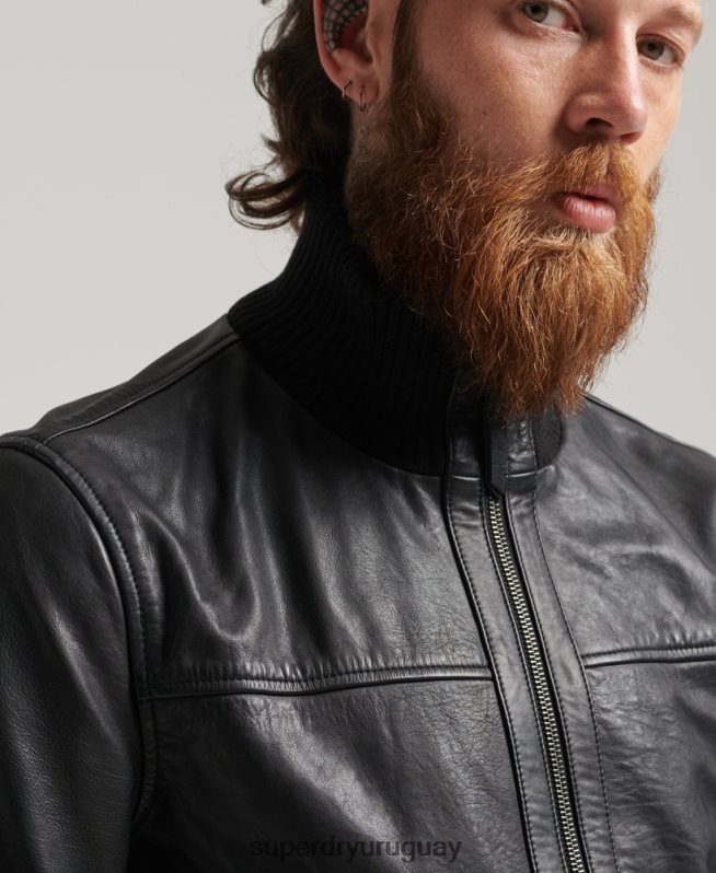 uy Superdry hombres chamarra bomber de piel con cuello de punto negro DT2N8Z1108 ropa